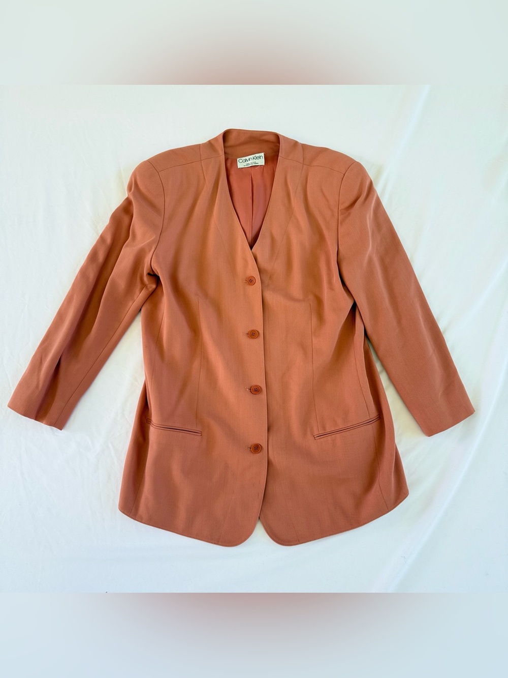 VTG 90s Calvin Klein Salmon Collarless Blazer Wool Mark Union Made 12